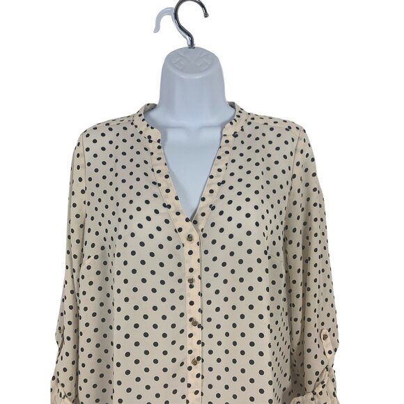 LC Lauren Conrad Button-Front Beige & Black Polka Dot Blouse Rolled Cuffs Medium - Picture 2 of 11